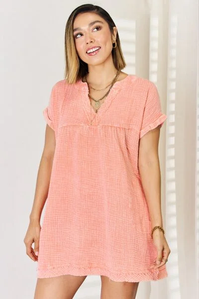 Sneak Peek Sale Zenana Washed Nochted Rolled Short Sleeve Dress