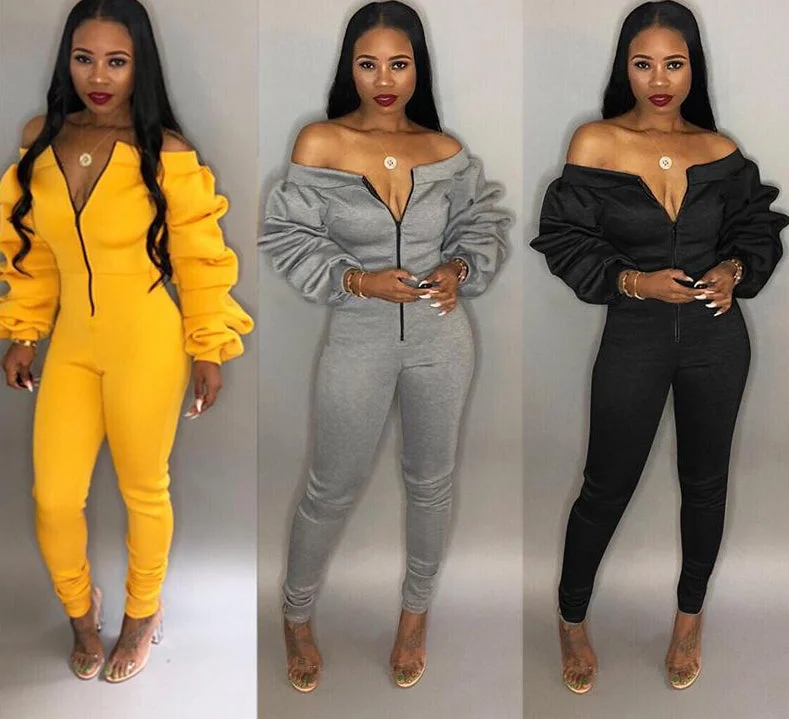 Loyalty Reward Zipper Front Slash Neck Off Shoulder Long Puff Sleeve Jumpsuits