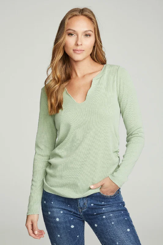 Long Sleeve Split Neck Rouched Side Tee