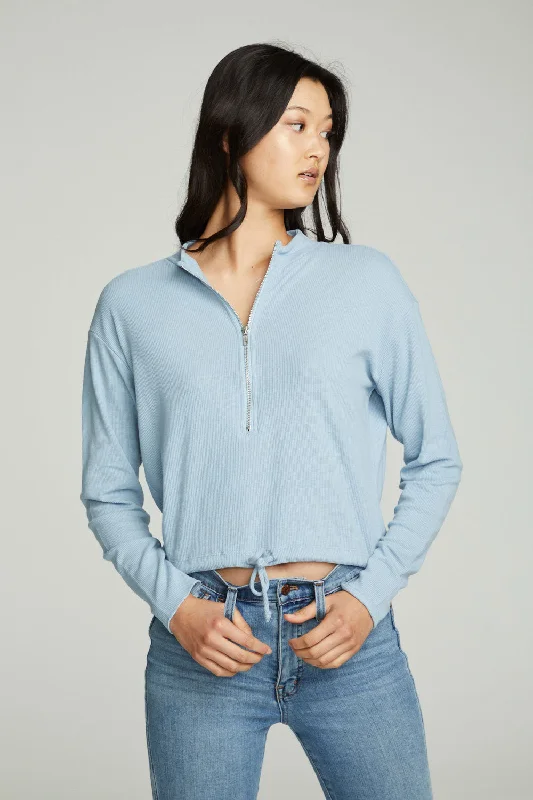 Long Sleeve Zipper Mock Neck Semi Cropped Tee