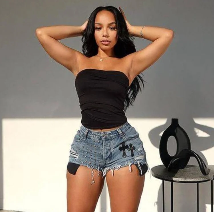 Price Break Cross Rivet Patchwork Distressed Denim Shorts