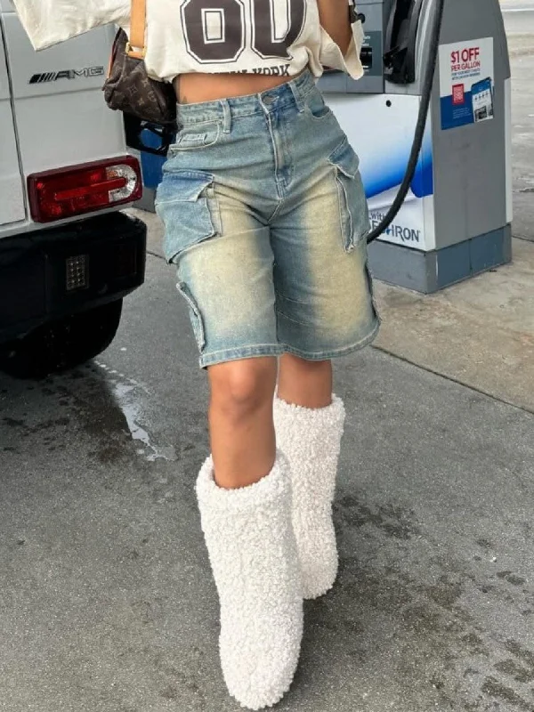 Closeout Sale Distressed Denim Multi Pocket Cargo Shorts
