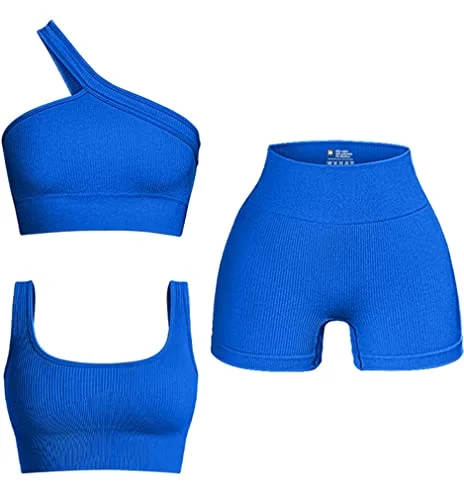 Super Deal OQQ Women's 3 Piece Outfits Ribbed Seamless Exercise Scoop Neck Sports Bra One Shoulder Tops High Waist Shorts Active Set Blue Super Deal OQQ Women's 3 Piece Outfits Ribbed Seamless Exercise Scoop Neck Sports Bra One Shoulder Tops High Waist Shorts Active Set Blue