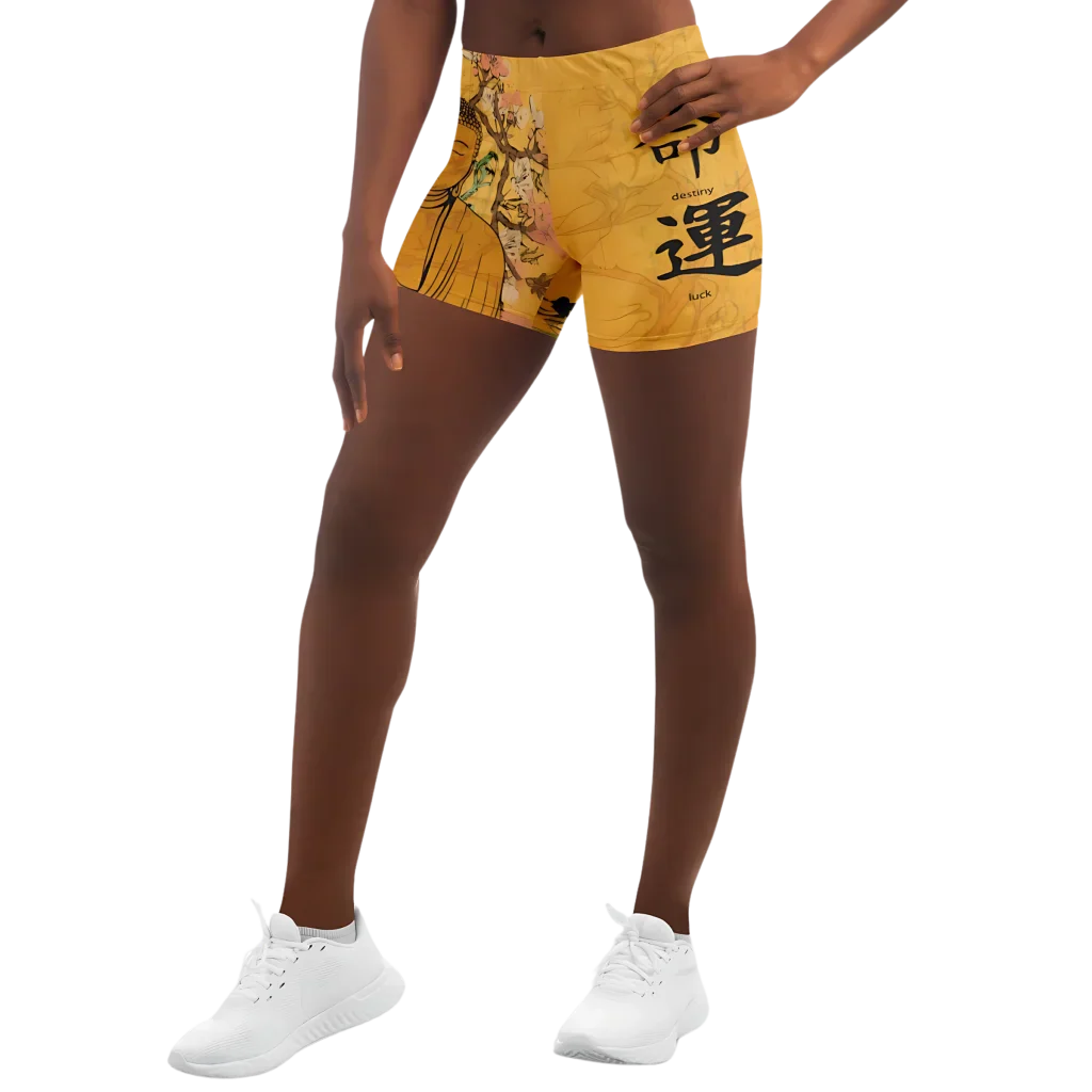 Bargain Bin SPIRITUAL BUDDHA SAKURA BLOSSOM YOGA SHORTS - MYSTIC VIBES